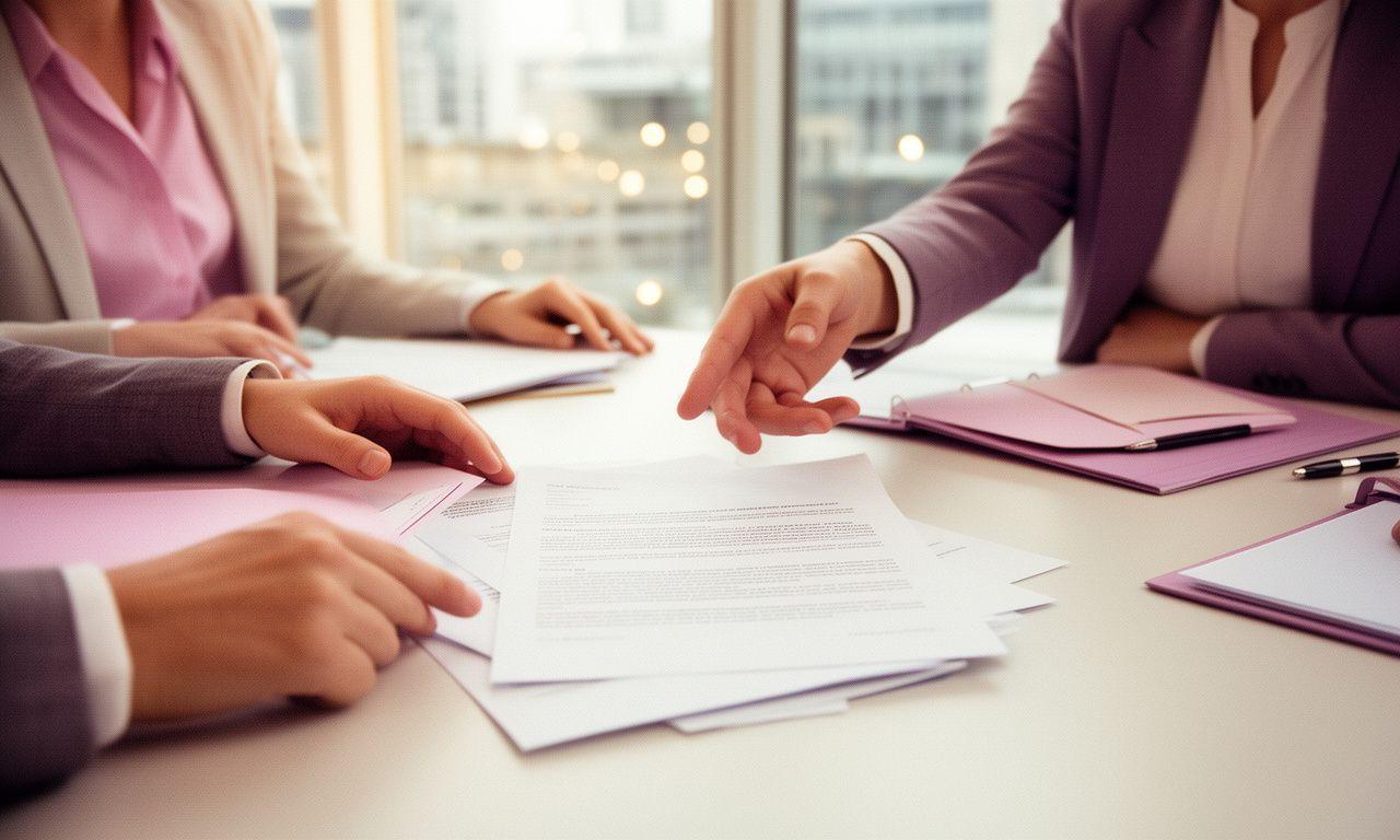 Solicitors reviewing a commercial agreement in a bright London meeting room with annotated contract papers on the table