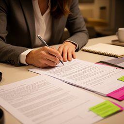 Associate solicitor Rupert Adler preparing negotiation notes at a desk with annotated agreement pages