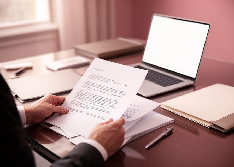 Solicitor reviewing a printed business contract at a polished desk with notes, pen and laptop nearby