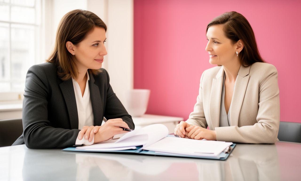 Solicitor and client discussing a contract file in a bright London meeting room with documents spread across a polished table