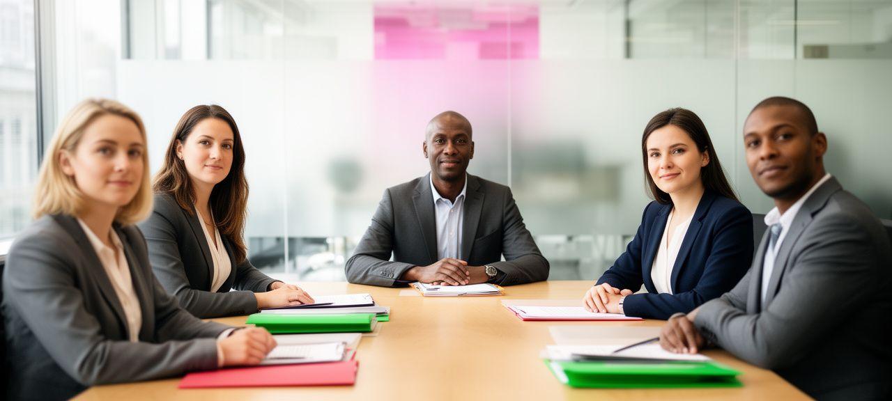 A professional legal team gathered in a bright London office with contract folders and a calm meeting table