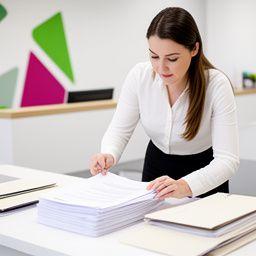 Paralegal Amina Judd organising contract review documents at a tidy reception desk