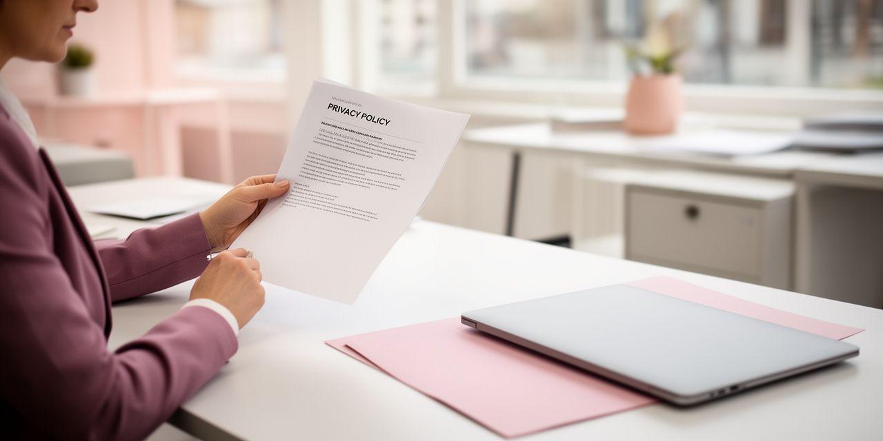 Legal professional reviewing a privacy policy document beside a tidy desk in a bright London office