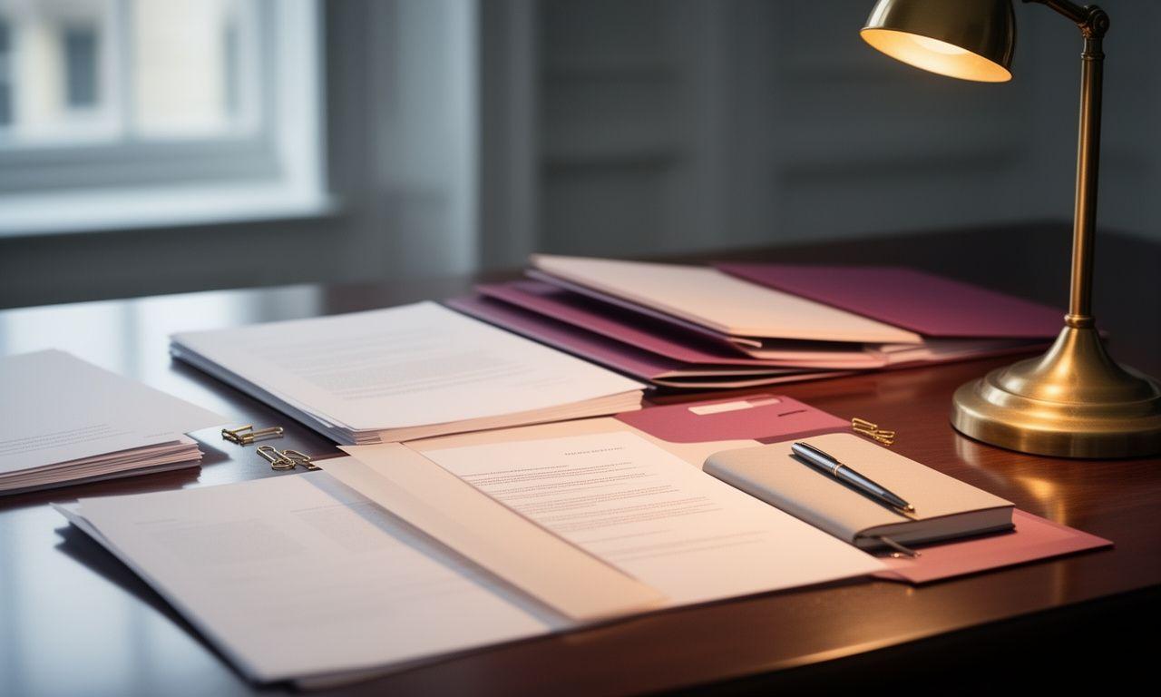 Legal documents neatly arranged on a polished desk in a London office with a brass desk lamp and handwritten notes